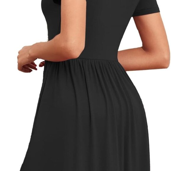 Women's Summer Short Sleeve Dress Casual V Neck Pockets Loose Fit Swing - Picture 4 of 4